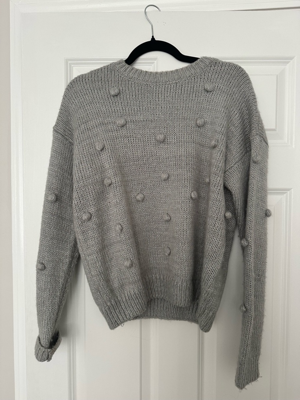 Pom-Pom Crewneck Sweater in Light Gray